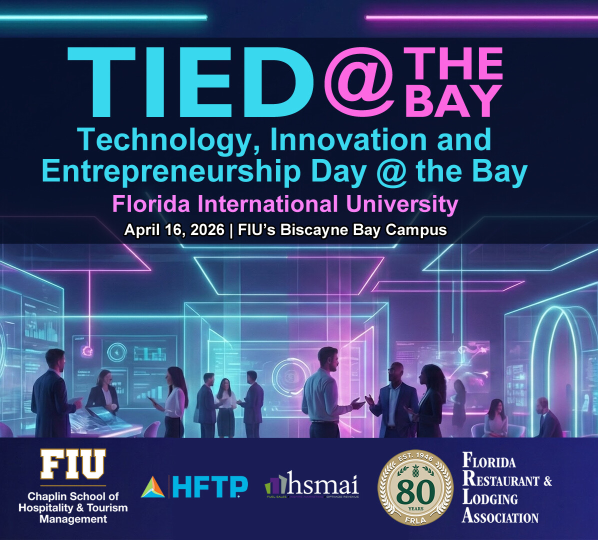 a group of people standing in a room with neon lights