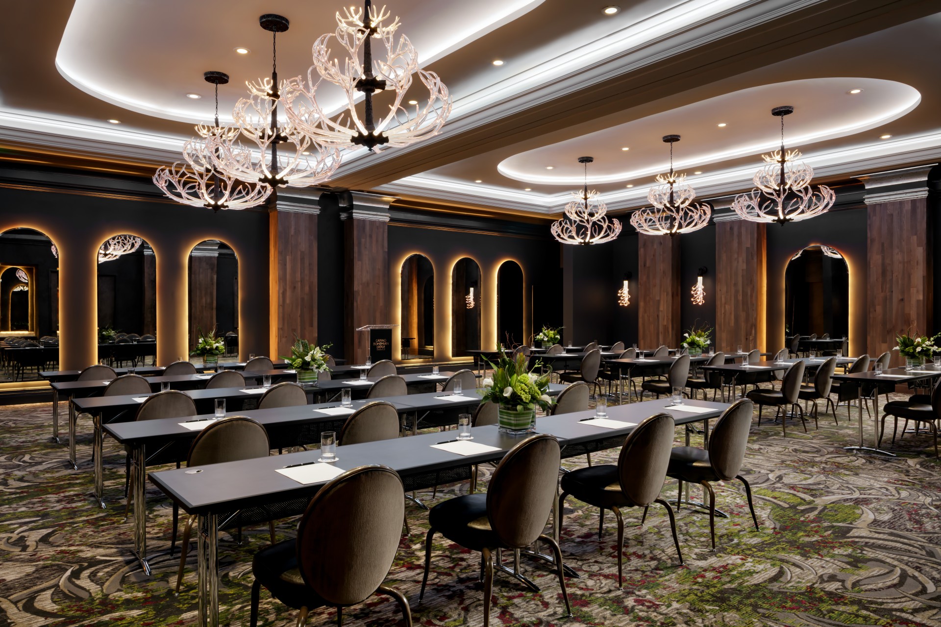 a room with tables and chairs