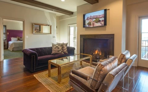a living room with a fireplace