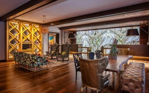 a living room with a large window