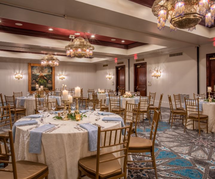a room with tables and chairs