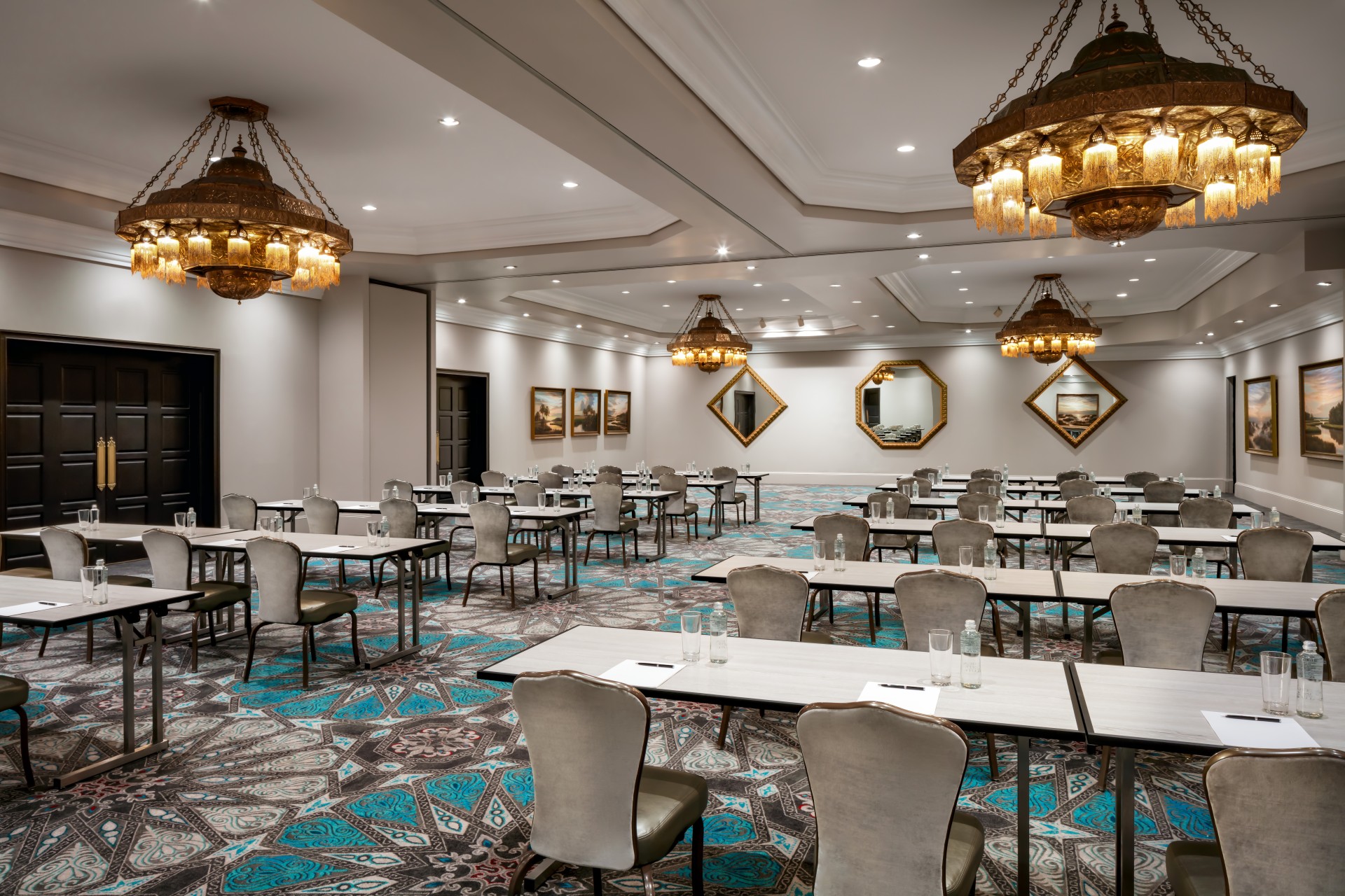 a room with tables and chairs