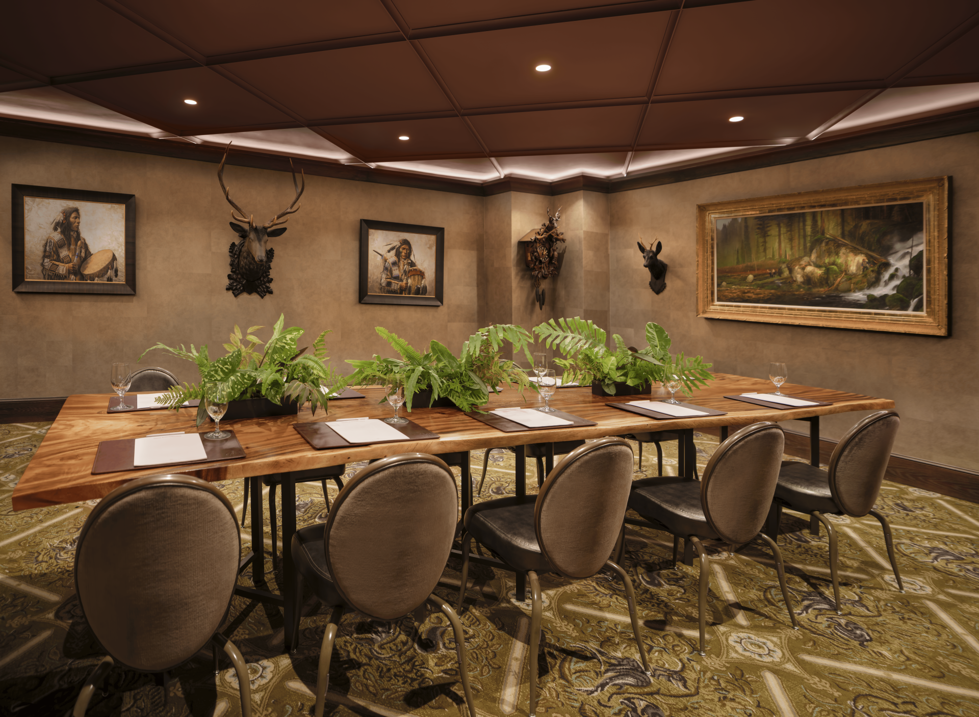 a room with a long table and chairs