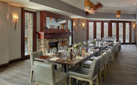 a long table set for a dinner party