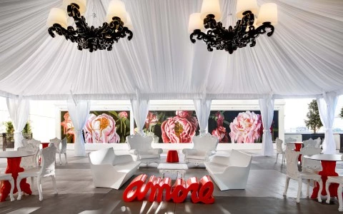 White and red love themed decorated terrace 