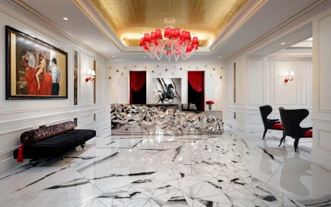 white and black marbled flood, with red colored interior venue entrance 