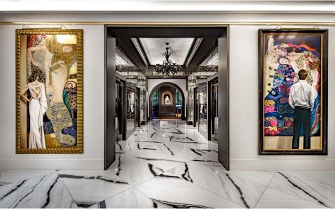 White and black marble floors, venue entrance 