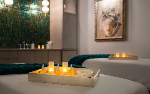 Close up spa beds and spa essential oils 