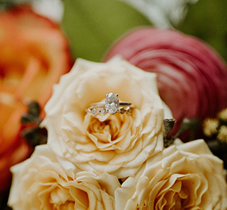 Close up of a yellow rose with a diamond ring in it