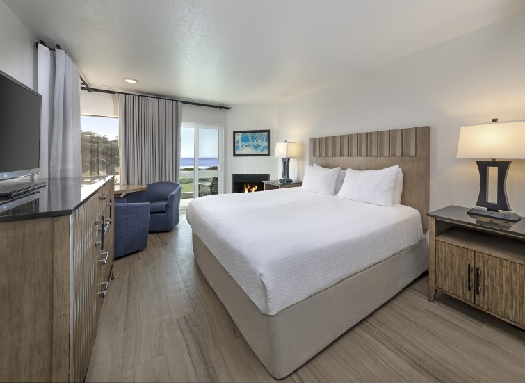 a room with a bed and a fireplace