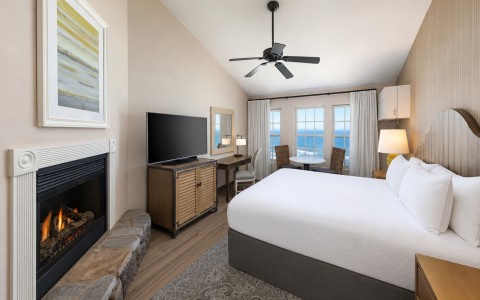 a room with a fireplace and a bed