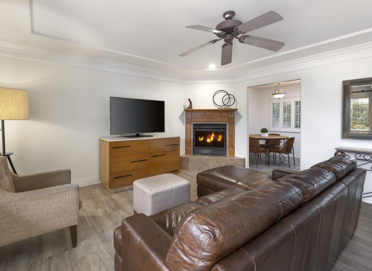 a living room with a fireplace and leather couches