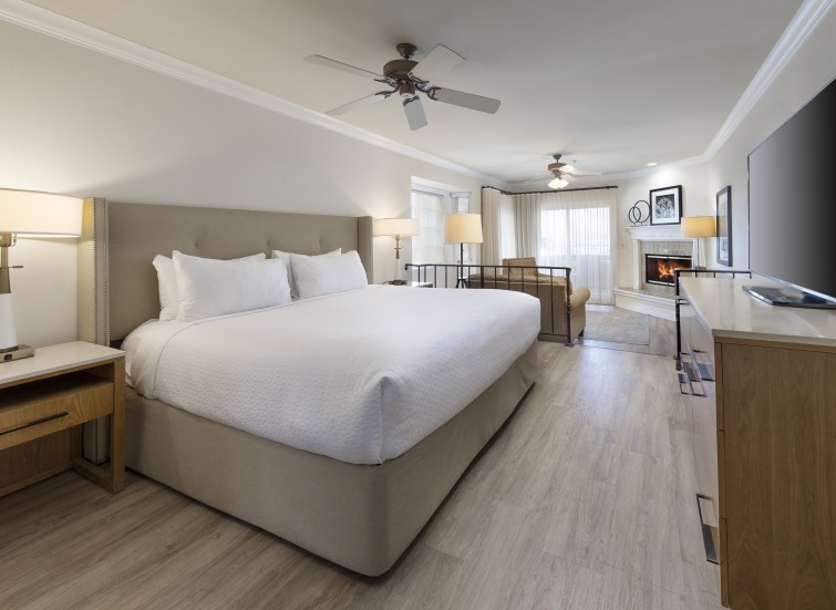 a bedroom with a fireplace and a bed