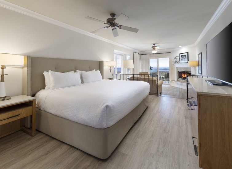 a room with a bed and a fireplace