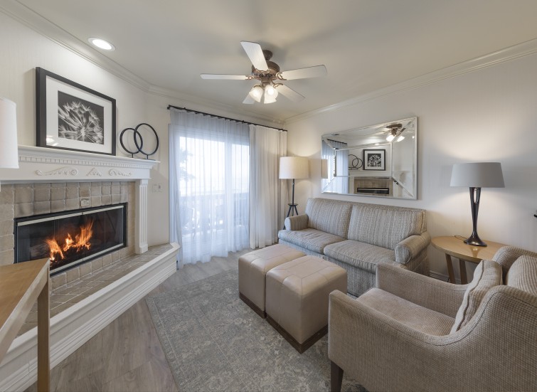 a living room with a fireplace and couch