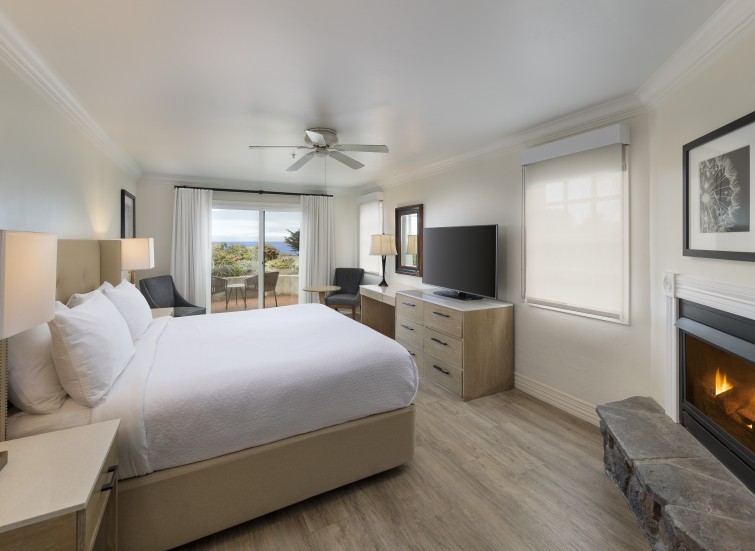 a bedroom with a large bed and a television