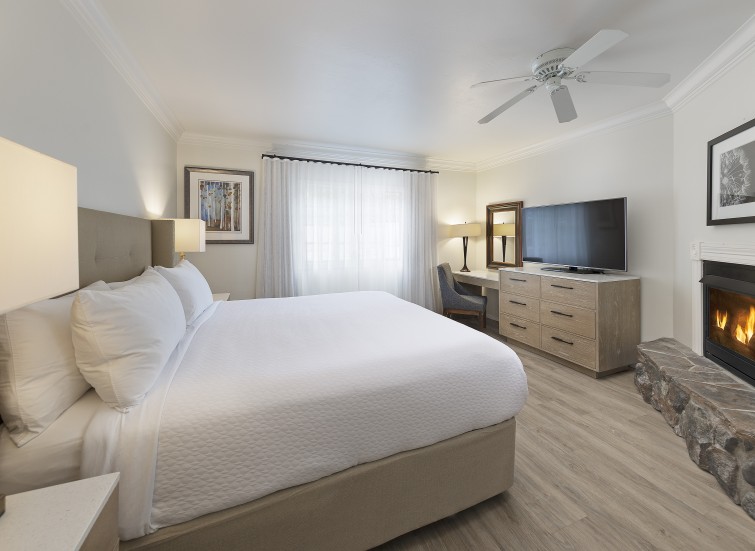 a bedroom with a large bed and a television