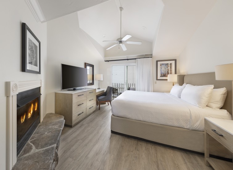 a room with a fireplace and a bed