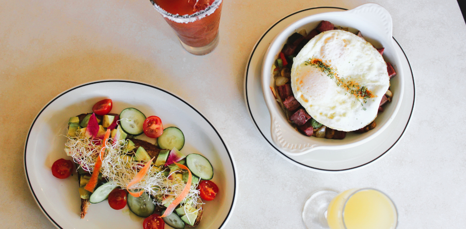a plate of food and a drink