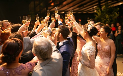 everyone at the wedding raising their glasses for a toast