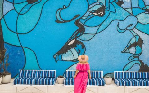 a woman in a pink dress by a pool with a large mural of a woman