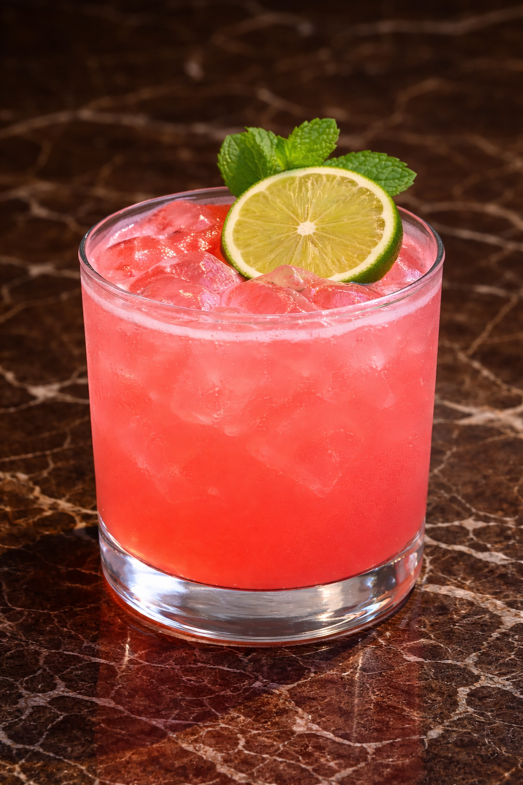 a glass with a drink and a lime slice on top