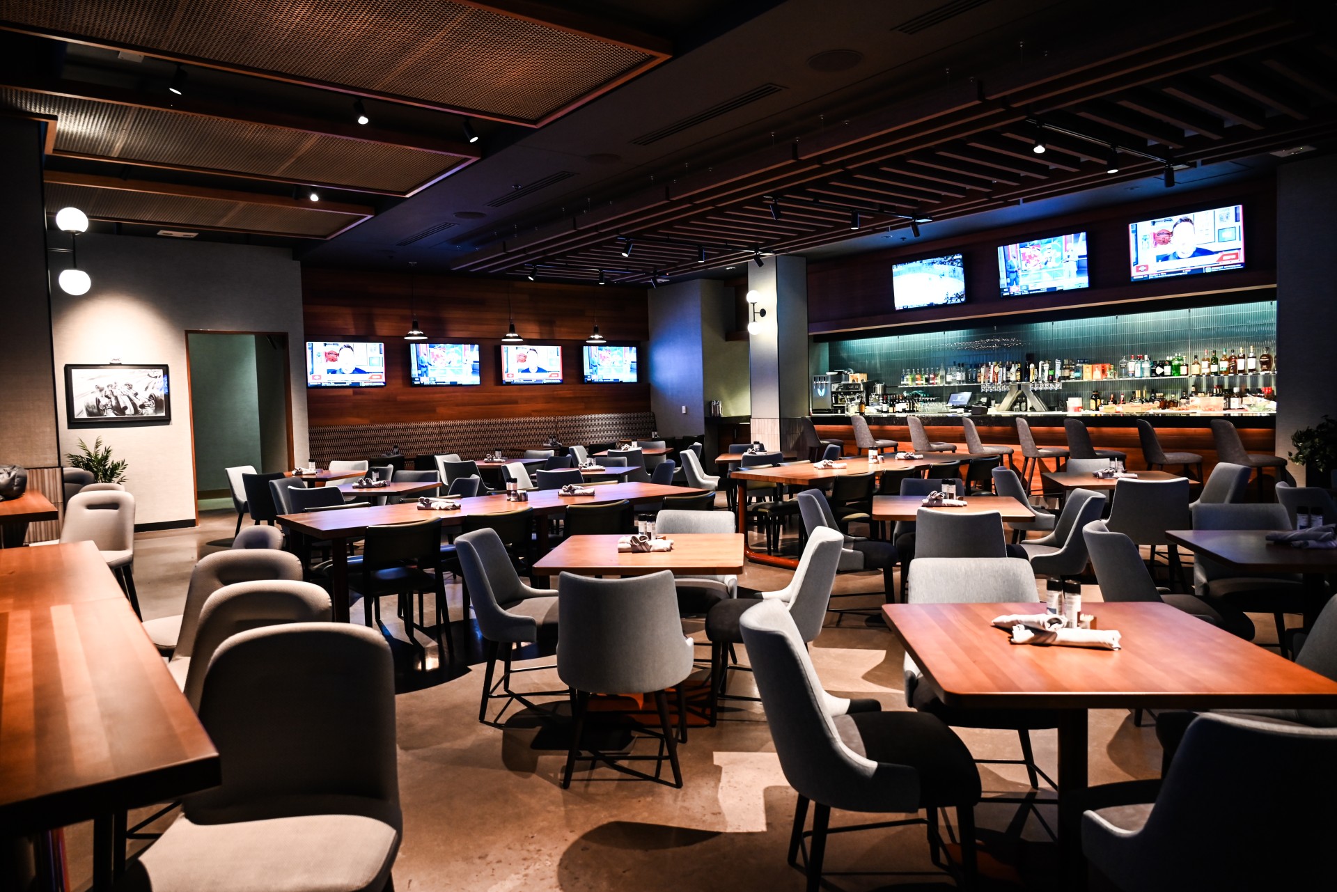 a large room with tables and chairs