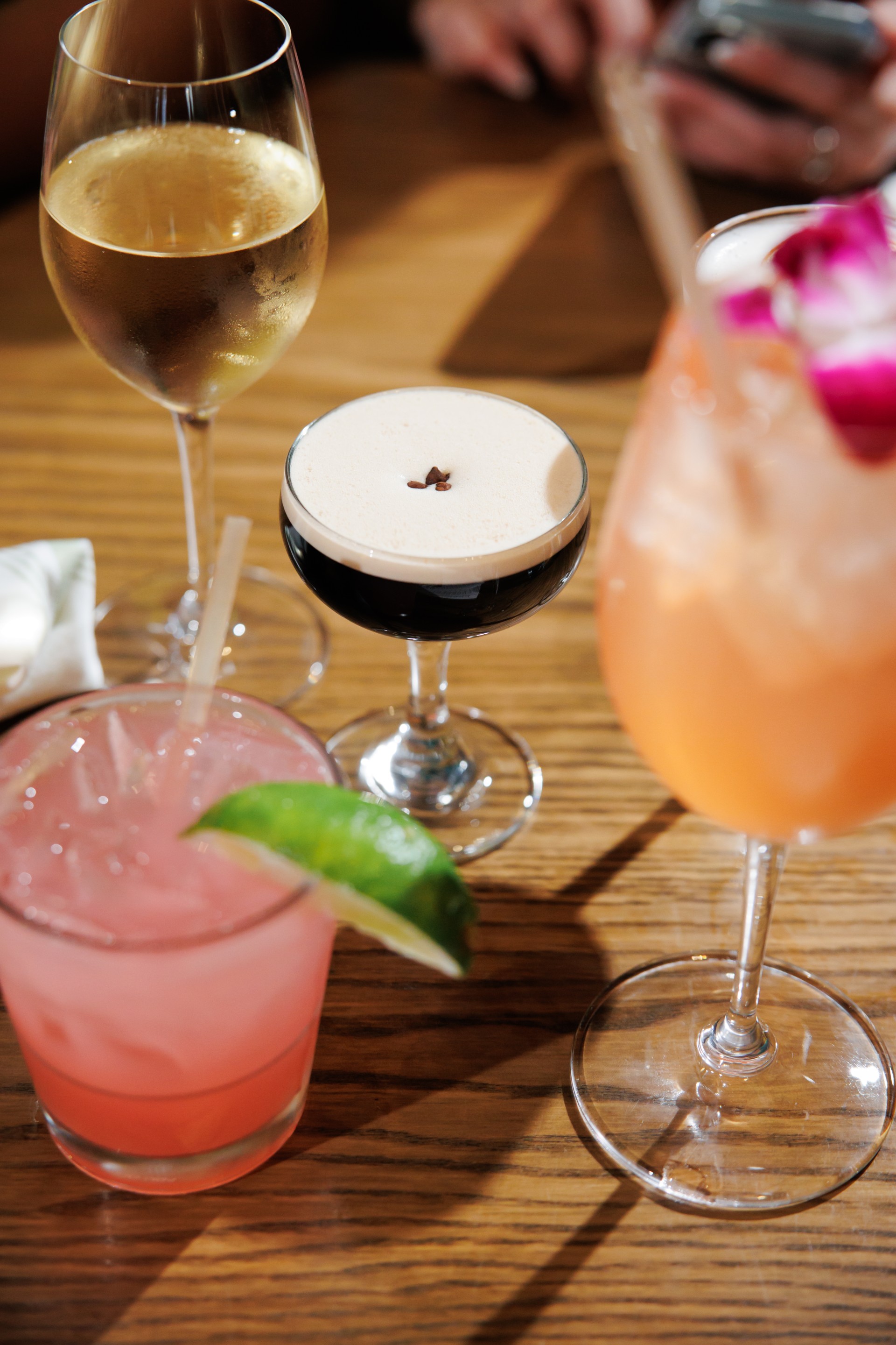 a group of drinks on a table