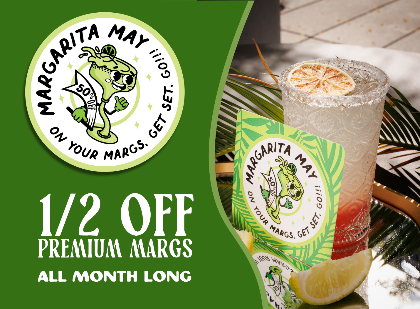 a poster with a drink and a card