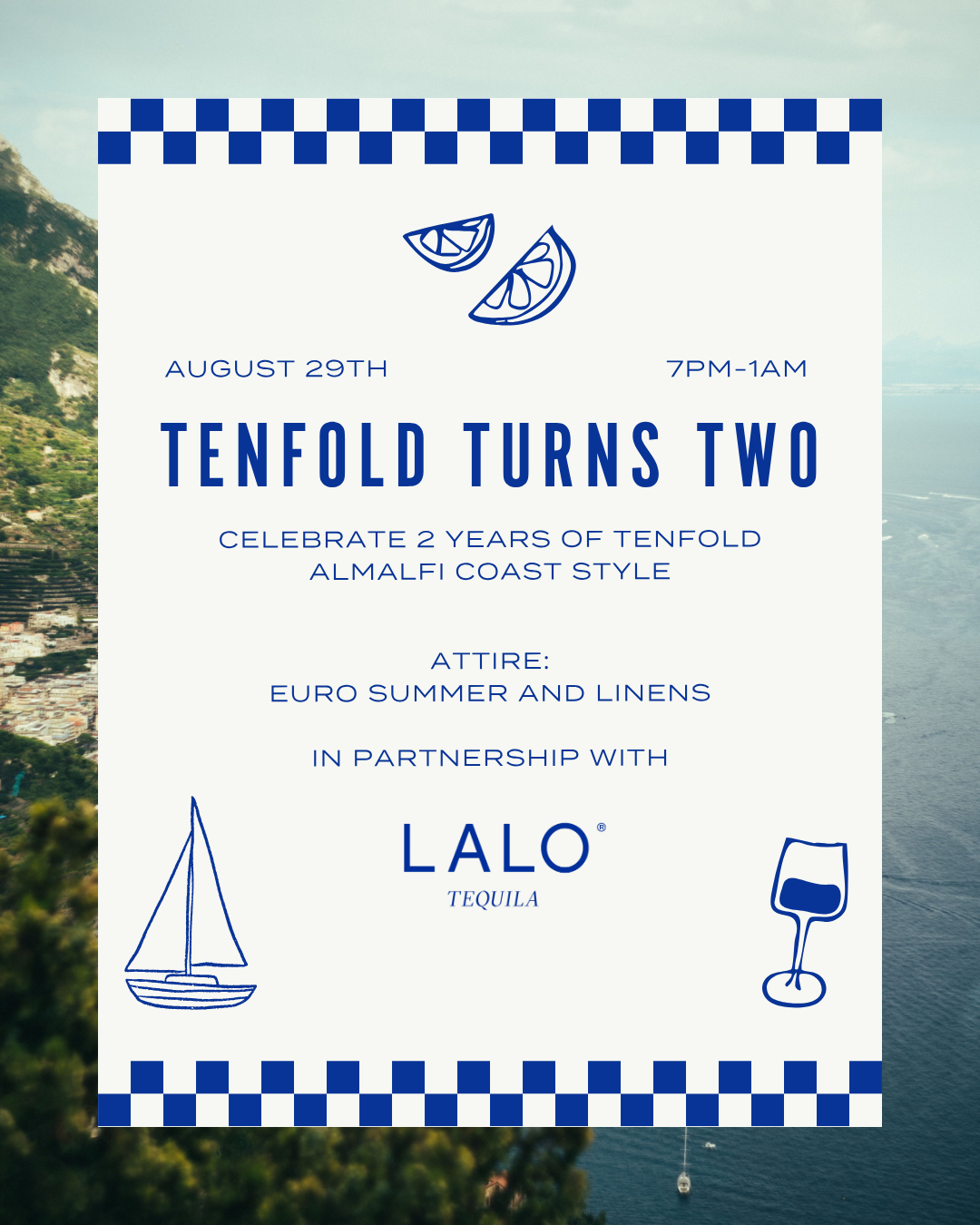 a white and blue invitation with blue and white text