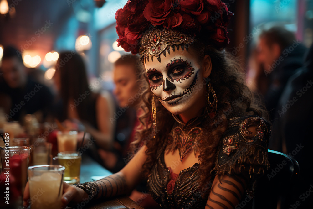 a woman with face paint and roses in her hair