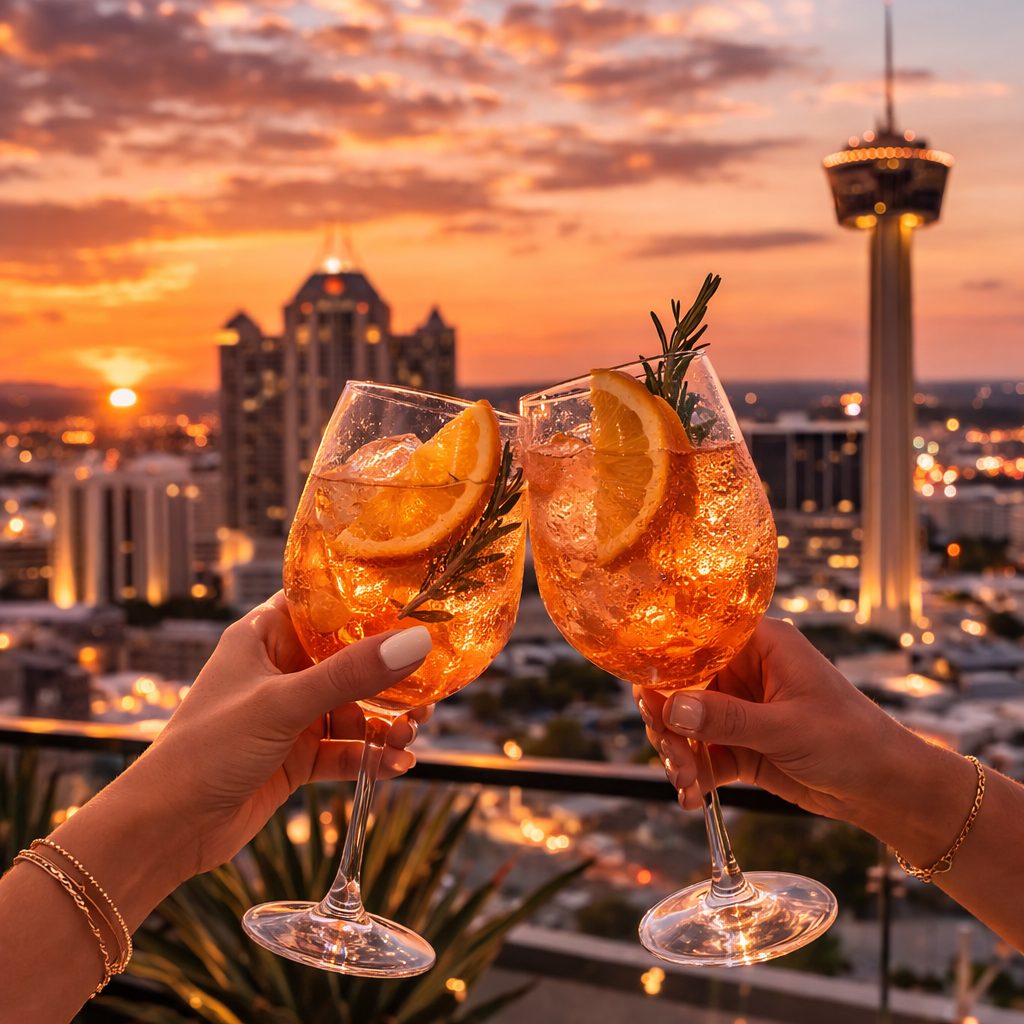 two hands holding glasses with orange liquid and a city in the background