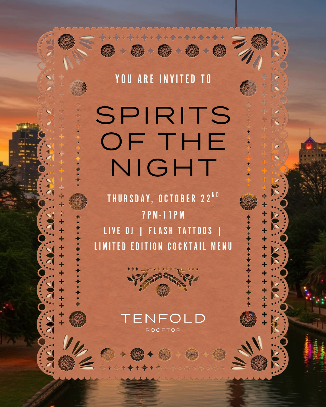 a poster with text and a city in the background
