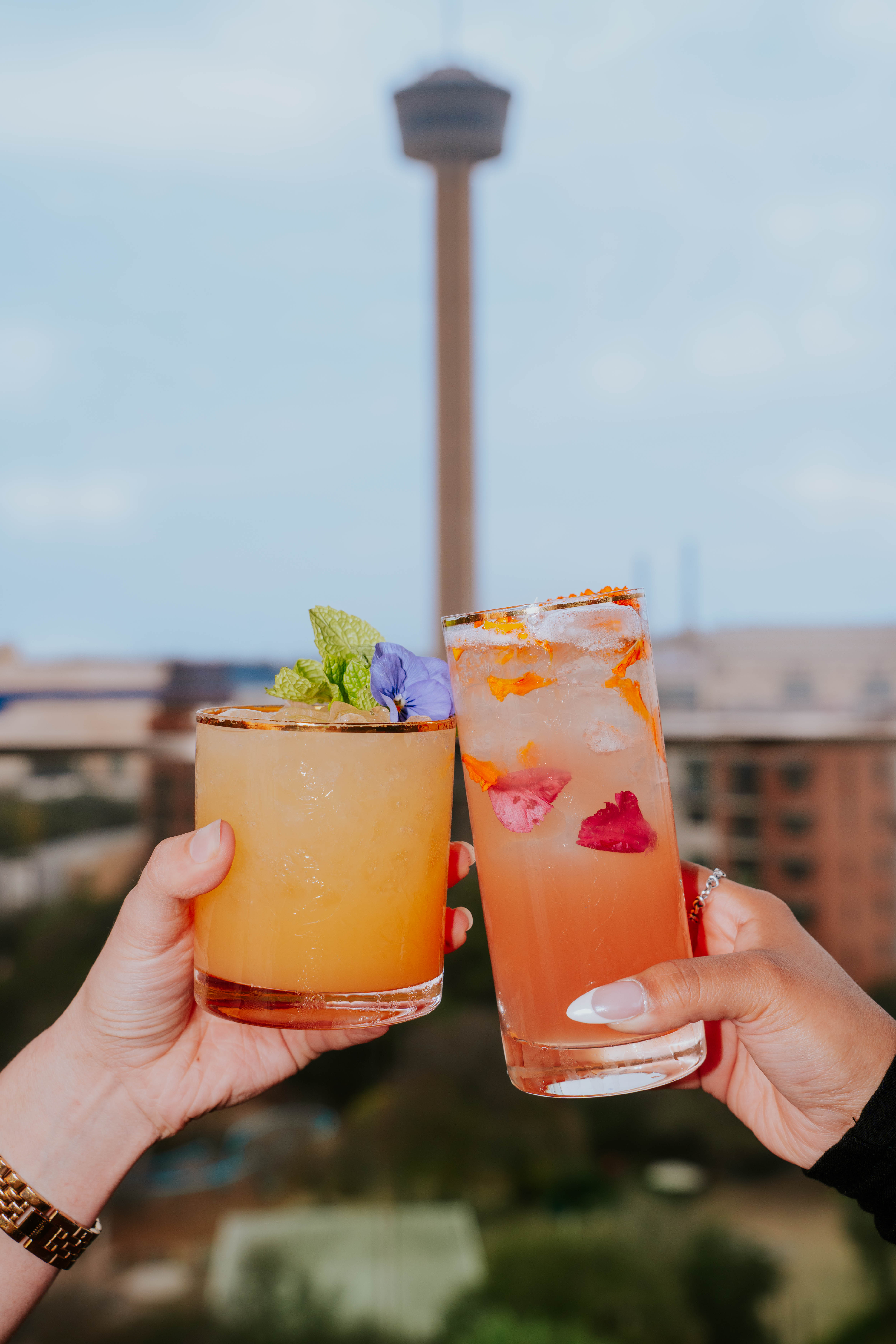 two hands holding glasses with drinks
