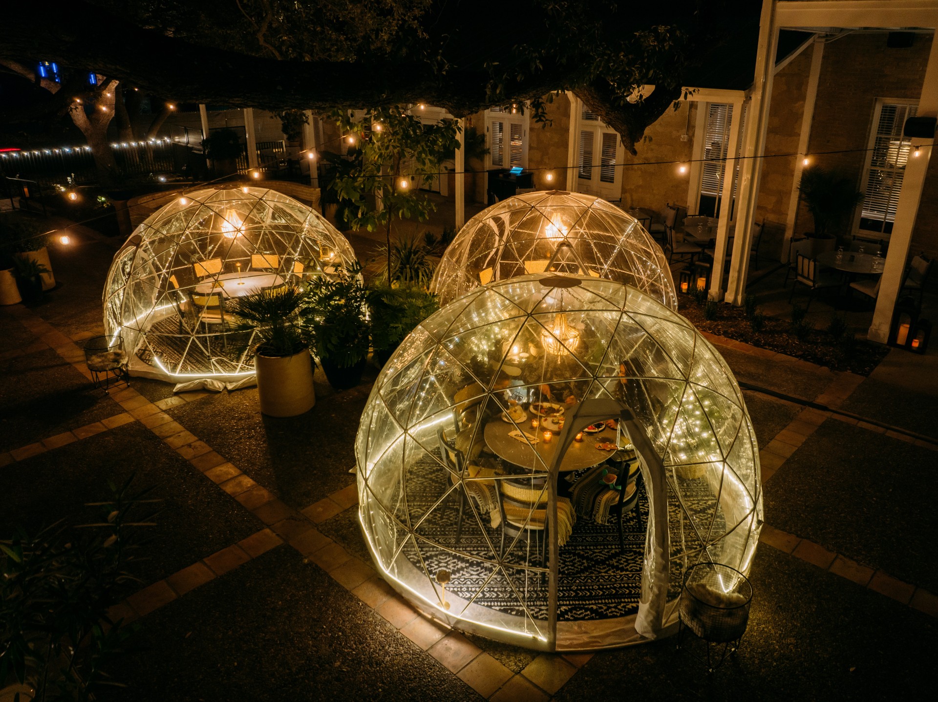 a group of glass dome tents with lights