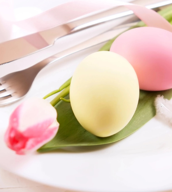 a plate with eggs and a tulip