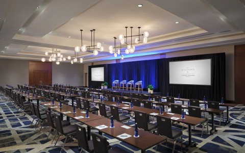 a room with tables and chairs