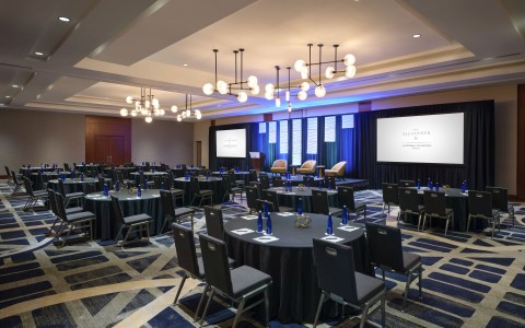 a room with tables and chairs