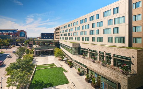 a building with a lawn and a lawn