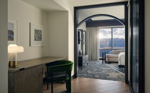 a room with a desk and chair