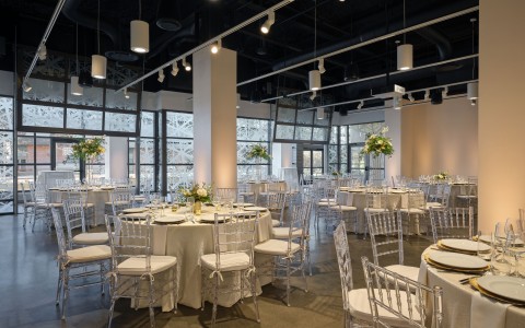 a room with tables and chairs