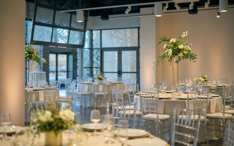 a room with tables and chairs