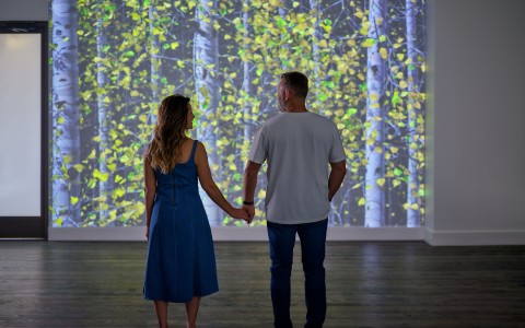 a man and woman holding hands looking at a large screen