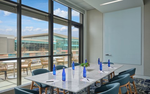 a table with blue bottles on it
