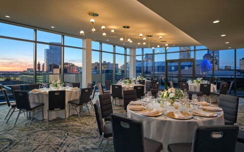 a large room with tables and chairs