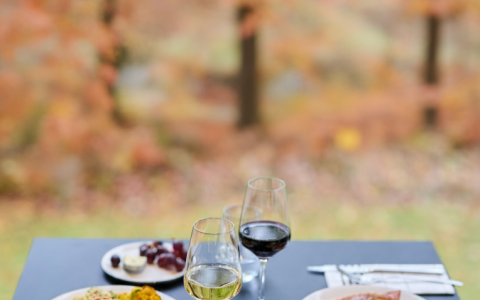a table with plates of food and wine glasses