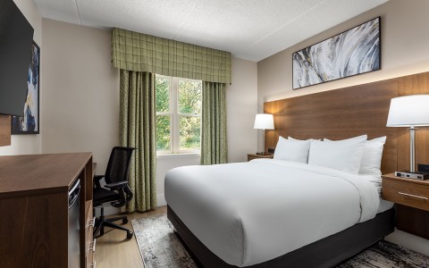 a room with a bed and a desk