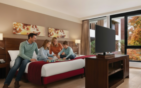 a family sitting on a bed in a hotel room