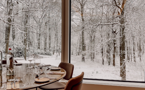 a table with chairs and a large window with snow on the trees