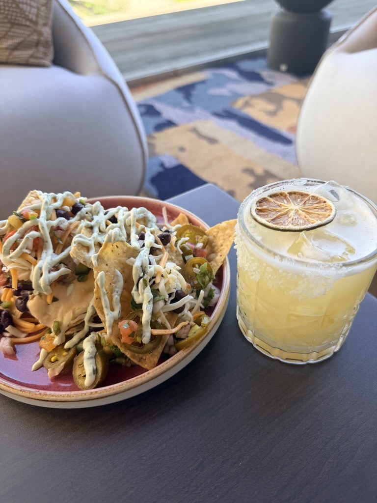 a plate of food and a drink